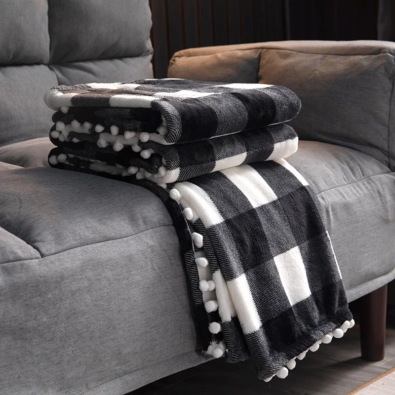 

Winter Black Plaid Blanket Flannel Throw Blanket With Tassel for Bed Lamb Cashmere Cotton Coral Fleece Weight Ball Sofa Blanket