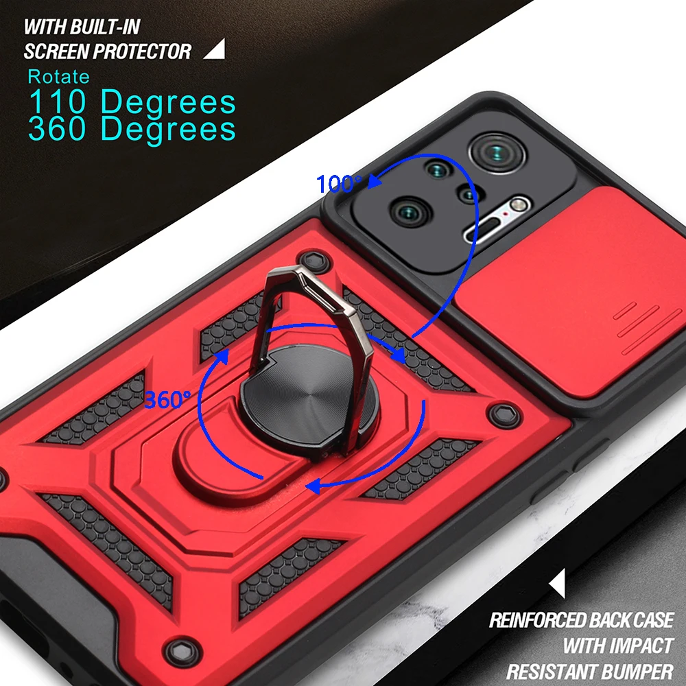 

Mobile Phone Case Armor Shockproof Coque For Redmi Note 8 9 10 K40 Pro Car Magnetic Ring Stand Push Pull Camera Protect Shells