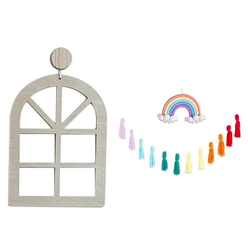 

1 Pcs Hollow Window Wood Crafts & 1 Set Colorful Tassel Garland Banner Macrame Rainbow Wall Hanging Decorative