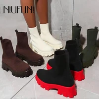 knitted elastic fabric socks boots platform slim womens autumn boots slip on shoes mid heels ankle boots size 35 43 botas mujer