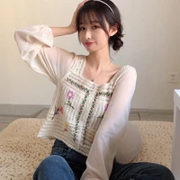 women short blouse hollow out embrodiered blouse women square collar single breasted long sleeve shirts