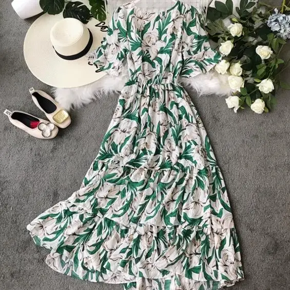 Сексуальное платье богемное с цветочным принтом летнее женское коротким рукавом