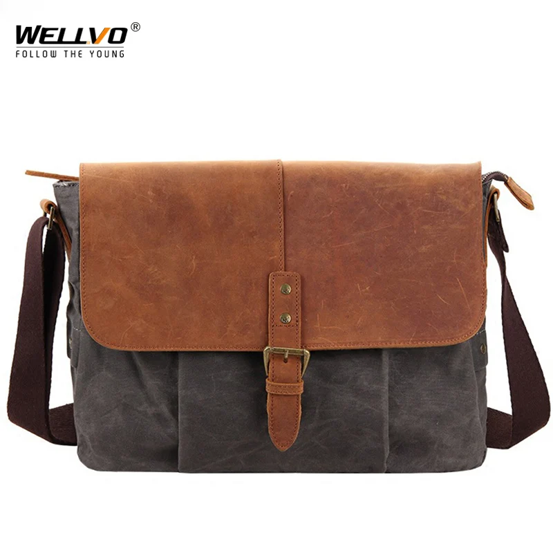 Men's Canvas Leather Messenger Bag Male Casual Vintage Shoulder Bags Waterproof Crossbody Bags High Quality Travel Bag XA918ZC
