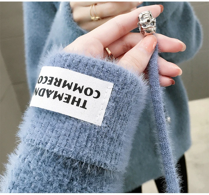Surmiitro Mink Cashmere Knitted Hoodies Women Autumn Winter Korean Kpop Long Sleeve Hooded Sweatshirt Female Pullover Blue