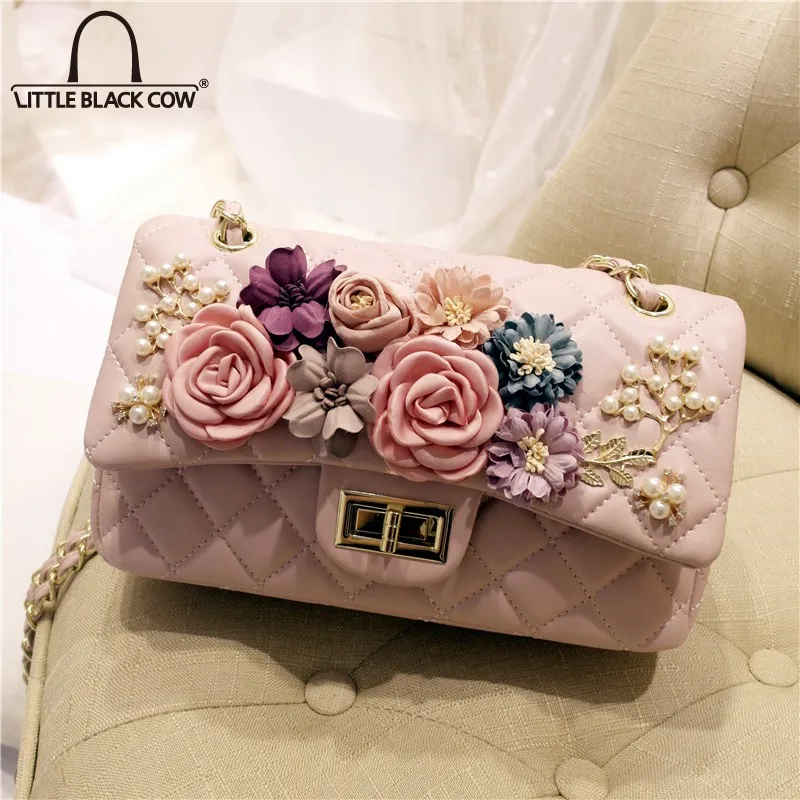 

Autumn New Womens Flowers Appliques Hasp Pu Leather Shoulder Bags Diamond Lattice Chain Flaps Crossbody Bag Pearls Beading Bags