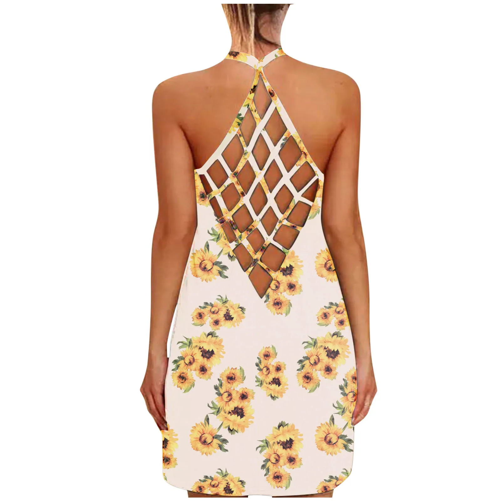 

40# Bohemian Sheath Sunflower Printed dress for woman open back sexy O-Neck Sleeveless Sexy summer dress Wrap Hip Dress