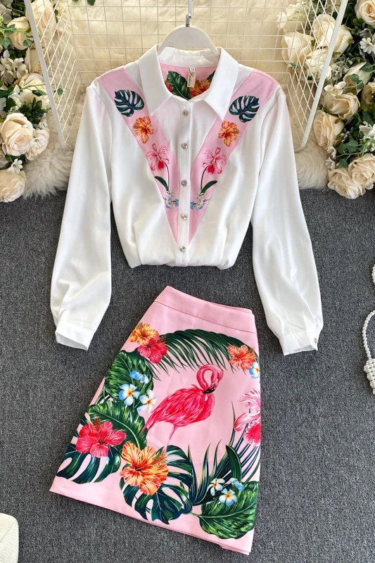 

Commuter women's autumn suit ladies shirt design sense printing stitching high waist skirt fashionable two-piece trend