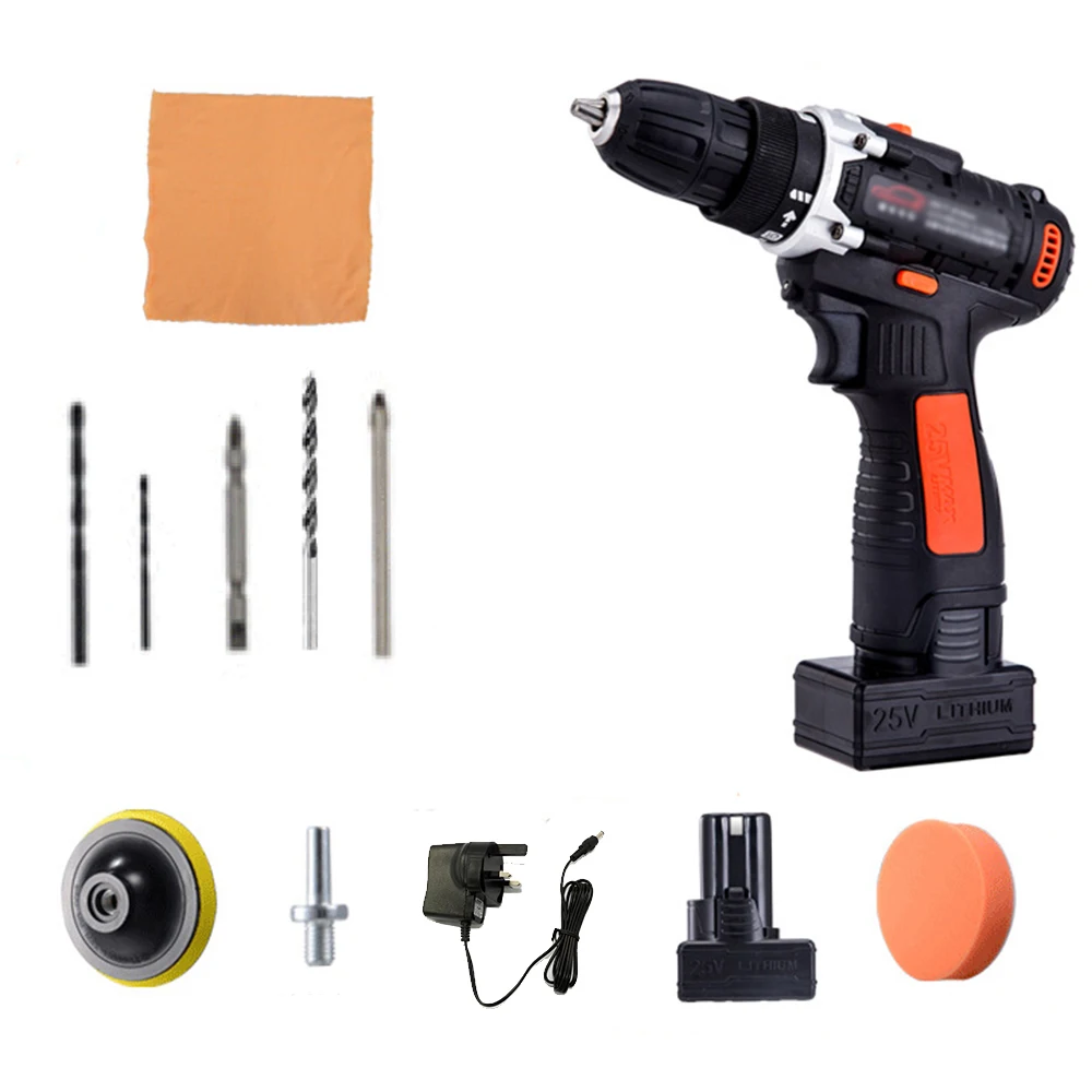 

25V Cordless Drill / Driver Kit 1350rpm Variable Speed Polisher Car Buffer Waxer Set Power Screwdriver with Light