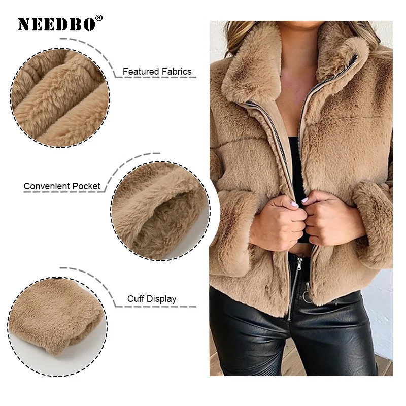 NEEDBO New Faux Fur Women Coat High Waist Fashion Faux Fur Loose Jacket Fake Rabbit Fur Coats Warm Outerwear Plus Size Overcoat