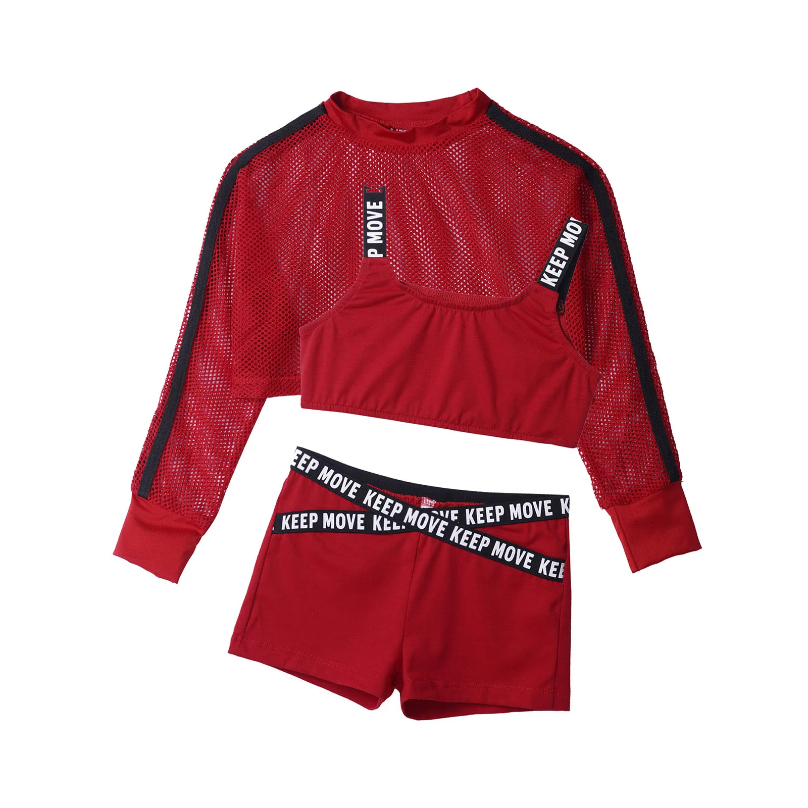 Kids Girls Sport Suit 3Pcs Hip Hop Jazz Dance Costumes Tracksuit Outfits Bra Vest Crop Top With Net Cover Up Tops And Shorts Set