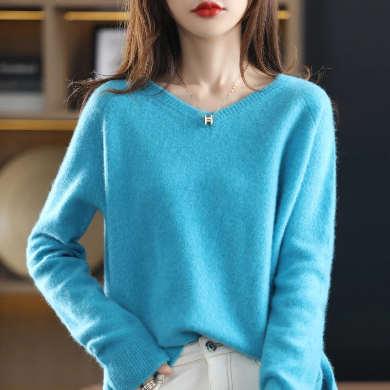 

Autumn New Inside Ride V-Neck Pure Wool Sweater Women's Knit Top,Large Size Loose Bottoming Raglan Sleeve Basic Pullover JQ-116