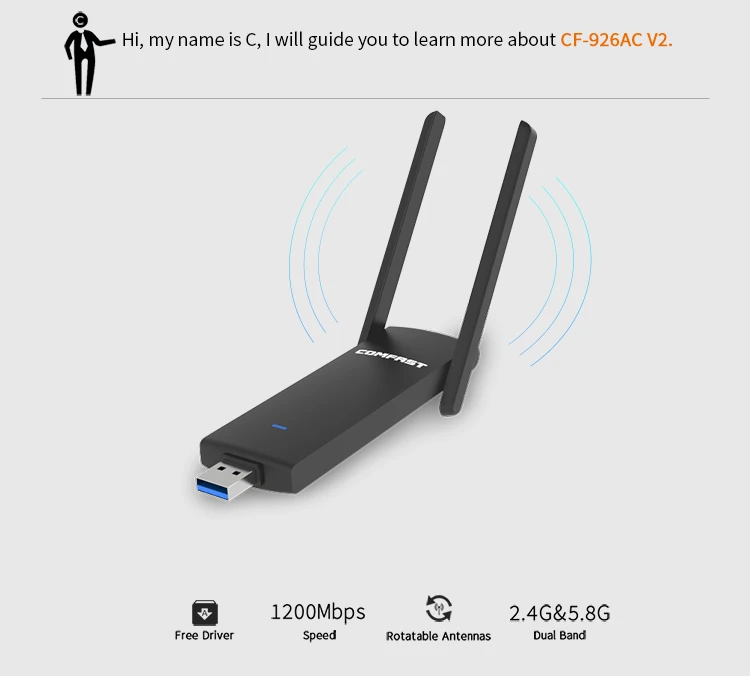 COMFAST CF-926AC 1000 Мбит/с без привода двухдиапазонный разъем USB интерфейс 3,0 Беспроводная сетевая карта, сопутствующий Wi-Fi приемник