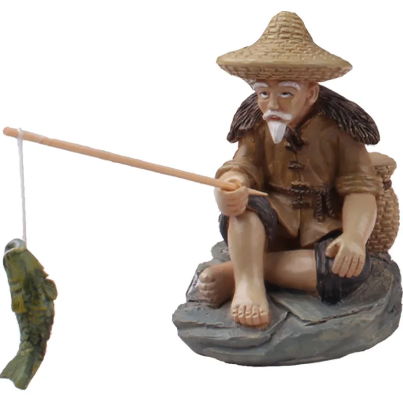 

Fishing Old Man Resin Figure Statue Garden Ornament Micro-Landscape Garden Craft
