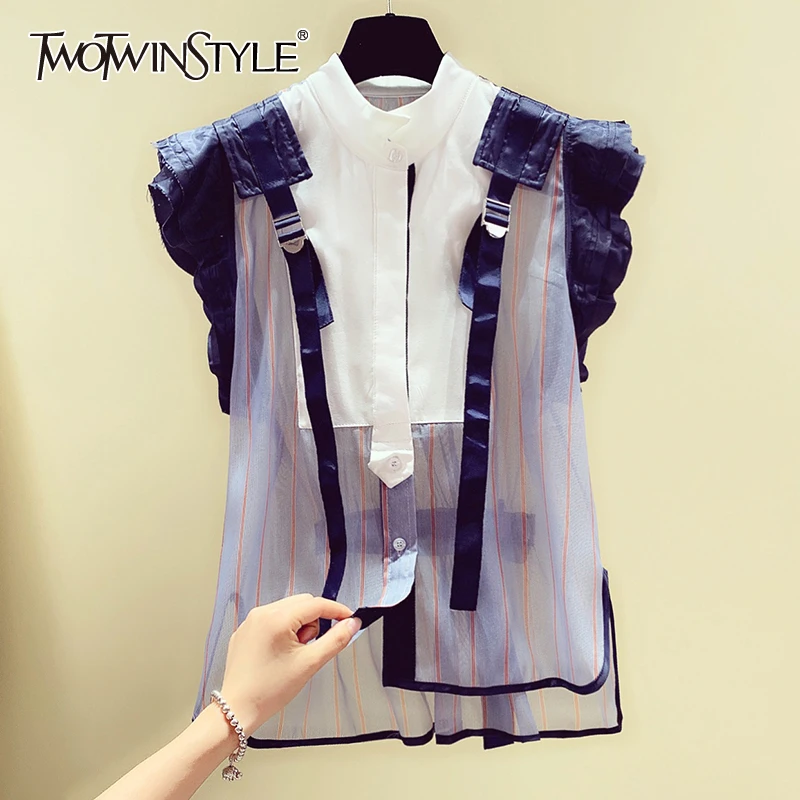 

TWOTWINSTYLE Striped Patchwork Ruffle Shirt For Women Stand Collar Sleeveless Casual Hit Color Blouse Female Fashion New 2022