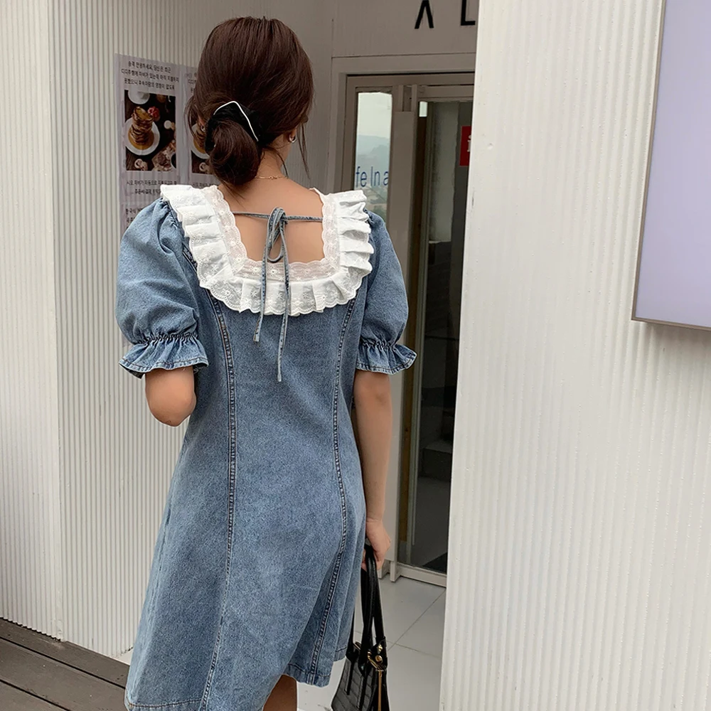 Корейское шикарное летнее милое молодежное джинсовое платье трапециевидной