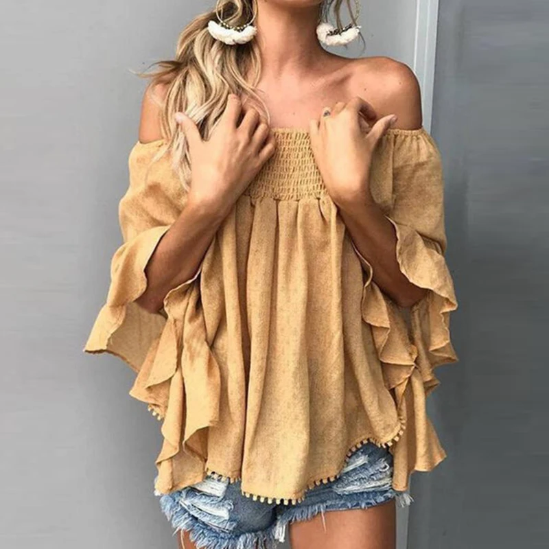 

2021 Summer Women's Shirt Off Shoulder Short Sleeve Tops Backless Tassel Irregular Blouse Hipster Temperament Women Clothes