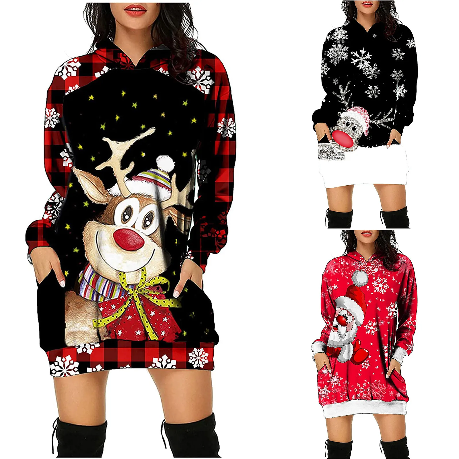 

Women Christmas Pullover Fashion Plaid Stitching Hooded Elk Print Loose Dress