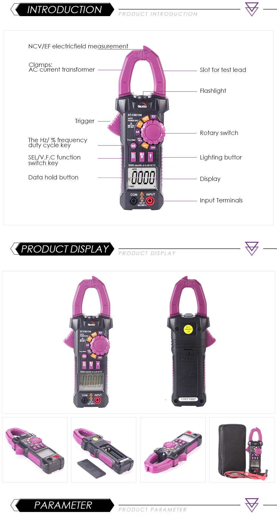 Хороший ST-CM3108 6000 отсчетов цифровой истинный RMS AC ClampMeter измерение сопротивления емкости мини-клещи NCV