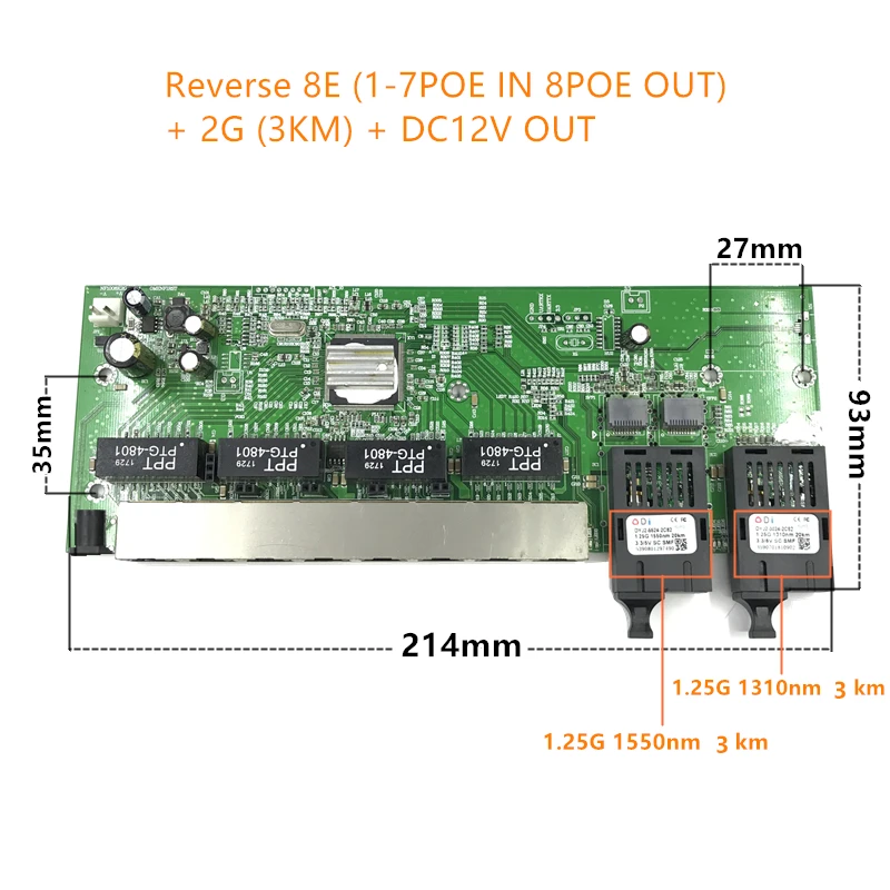 Reverse POE 10/100/1000M Gigabit Ethernet switch Fiber Optical Single Mode 8 RJ45 UTP&amp2 SC fiber Port Board SFP3KM | Мобильные