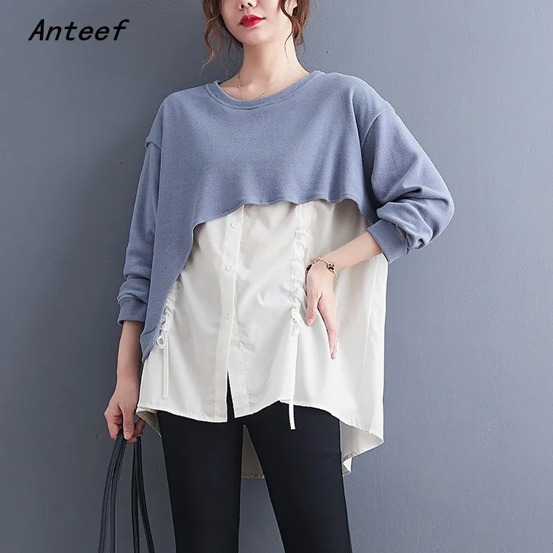 

Женская футболка с длинным рукавом Anteef, осенняя футболка большого размера из хлопка в Корейском стиле, Повседневная футболка 2021
