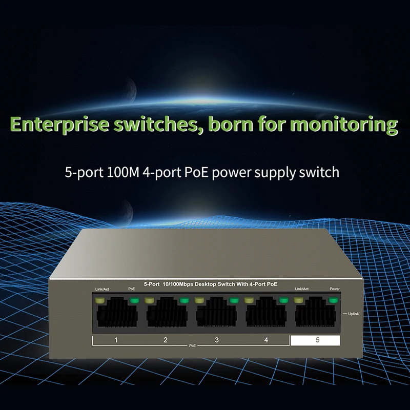 Сетевой коммутатор Ethernet Φ 5-Port 250M стабильный источник питания PoE на большие