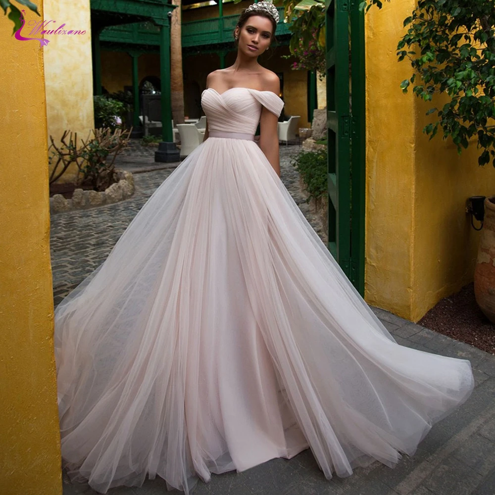 

Waulizane Spaghetti Strap Pleated Tulle Light Pink A Line Wedding Dress With Gorgeous Belt Bridal Dress