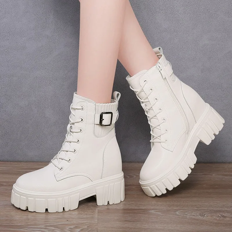 Women Shoes Genuine Leather New Chelsea Boots British Style Winter Short Boots Height Increasing Thick Bottom Boots Woman M0014