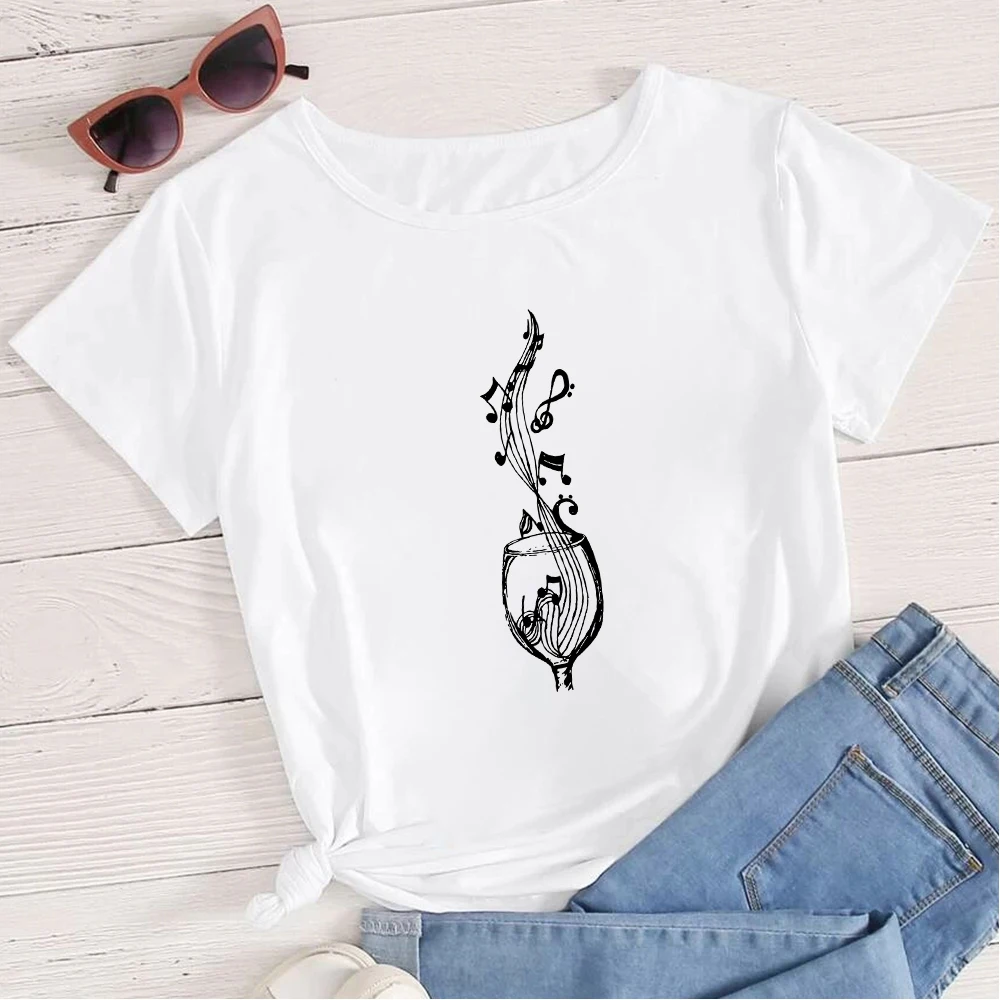 

2021 New Ideas Printed T Shirts Music and Wine Planet Minimalism Printed T Shirt Women Personalized Styel Oversized Tshirt Tops