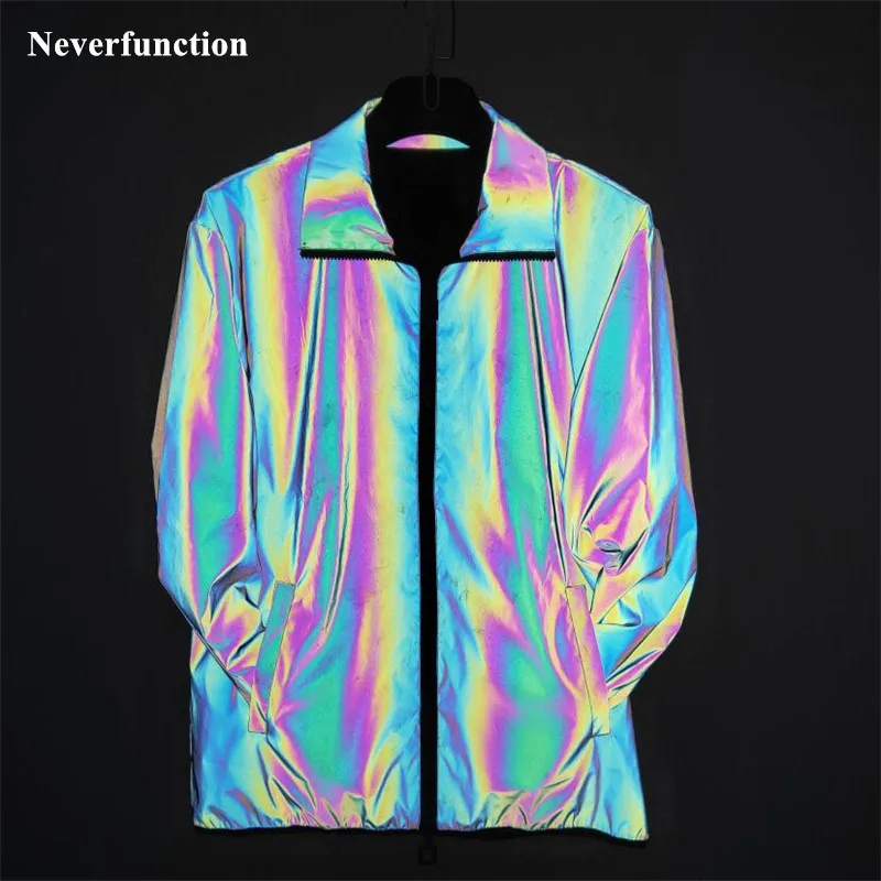 

Мужская Ночная красочная Светоотражающая Свободная куртка в стиле хип-хоп, Мужская Уличная одежда для танцовщиц, ветровка, водонепроницаемая куртка на молнии, пальто