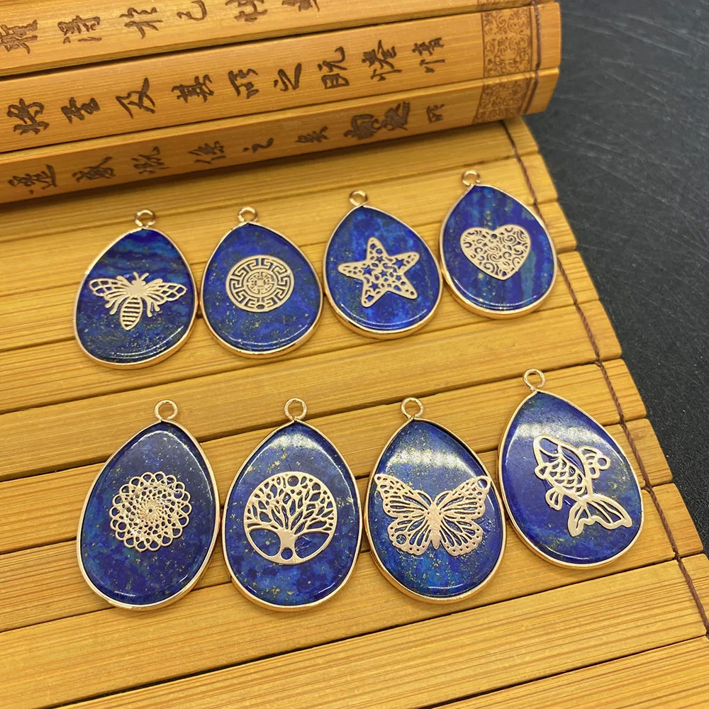 

Natural Stone Pendant Drop-shaped Lapis Lazuli Sapphire Blue Metal Edging Suitable for DIY Making Fashion Jewelry Accessories