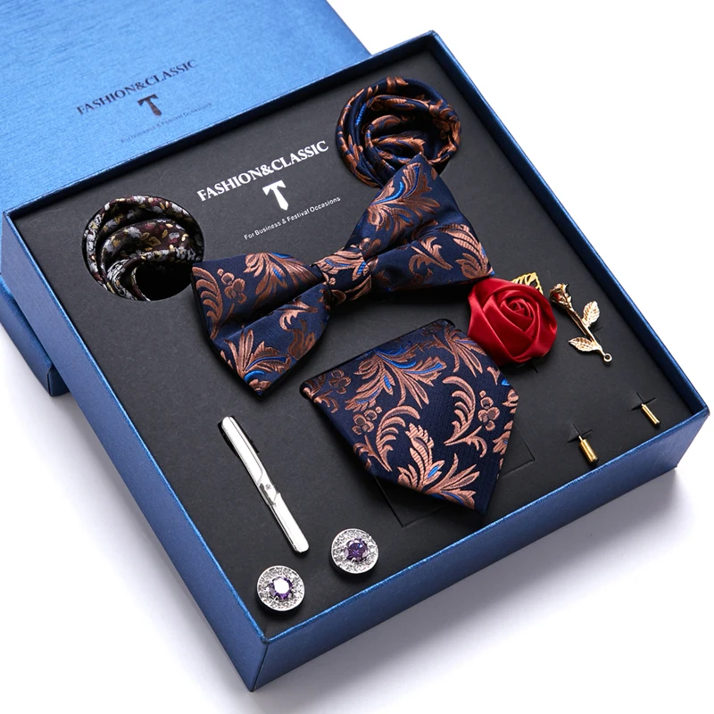 

Factory Sale 100% Silk Gift Box Bow Tie Handkerchief Pocket Squares Cufflink Set Brooch Pin Clip Necktie Box Male Ivory