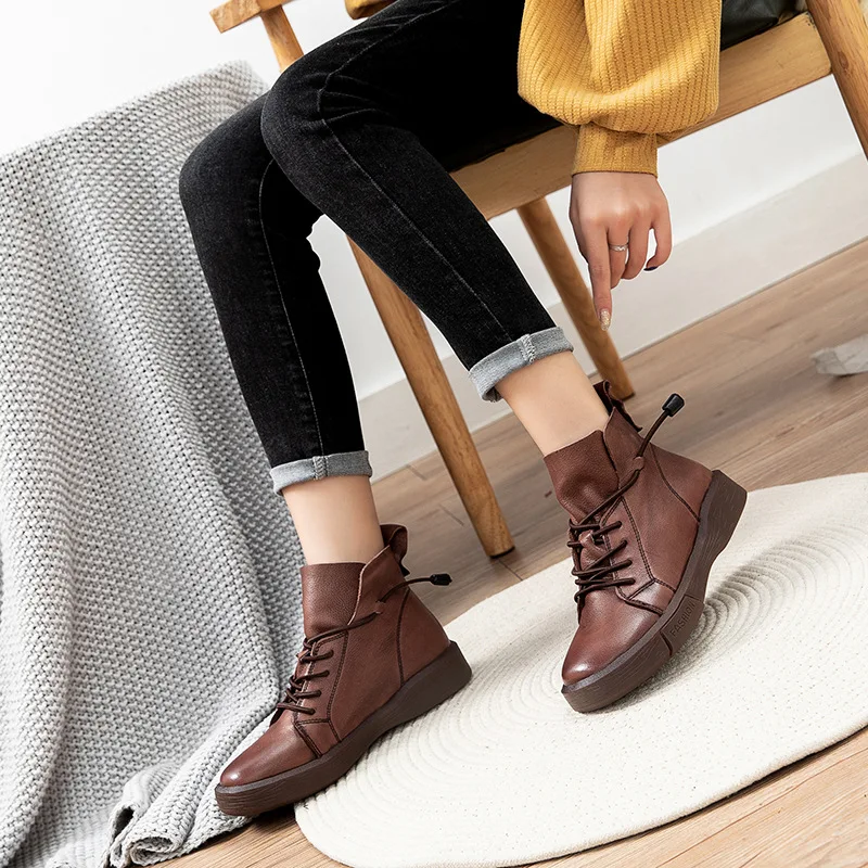 

GKTINOO Winter Genuine Leather Ankle Boots Handmade Lady Soft Flat Shoes Comfortable Casual Moccasins Side Zip Ankle Boots
