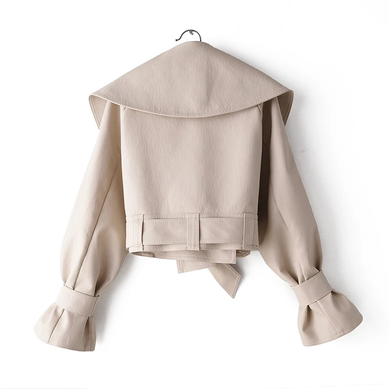 

GALCAUR PU Leather Short Jackets For Women Lapel Long Sleeve Lace Up Bowknot Streetwear Coats Female 2020 Fashion New Clothing