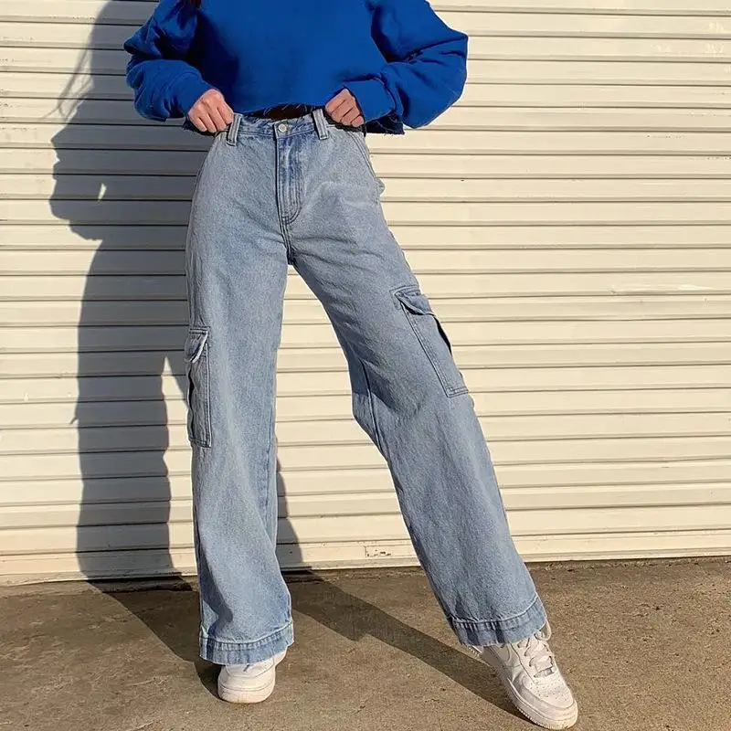 

ZITYPockets Patchwork High Waist Jeans Women Streetwear Straight Jean Femme Blue 100% Cotton Cargo Pants