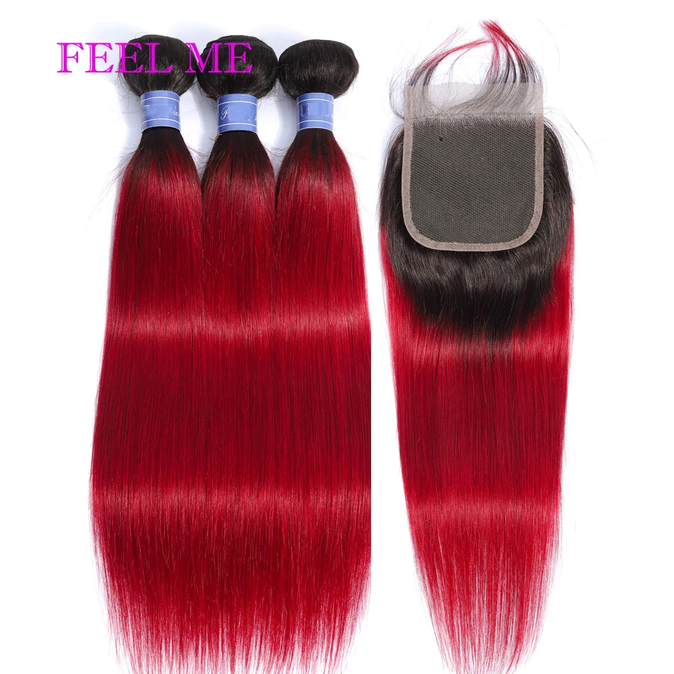 Филми прямые человеческие волосы пряди с закрытием 1b/бордовый красного цвета