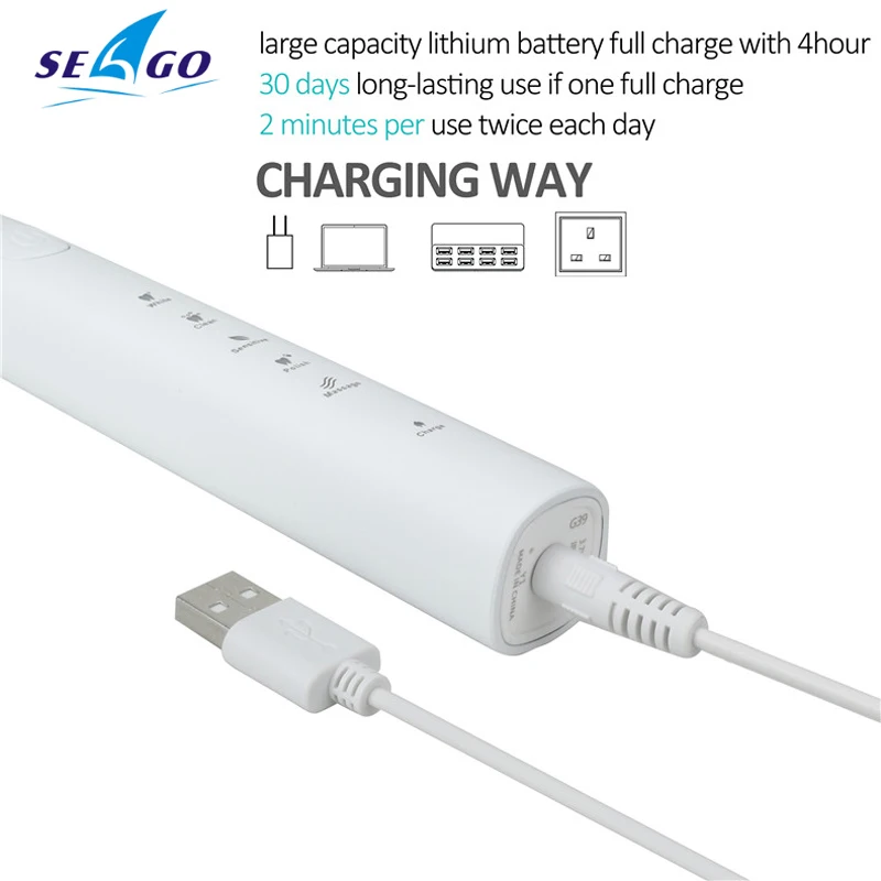 Зубная щетка Seago аккумуляторная ультразвуковая с зарядкой от USB 1 ручкой и 8