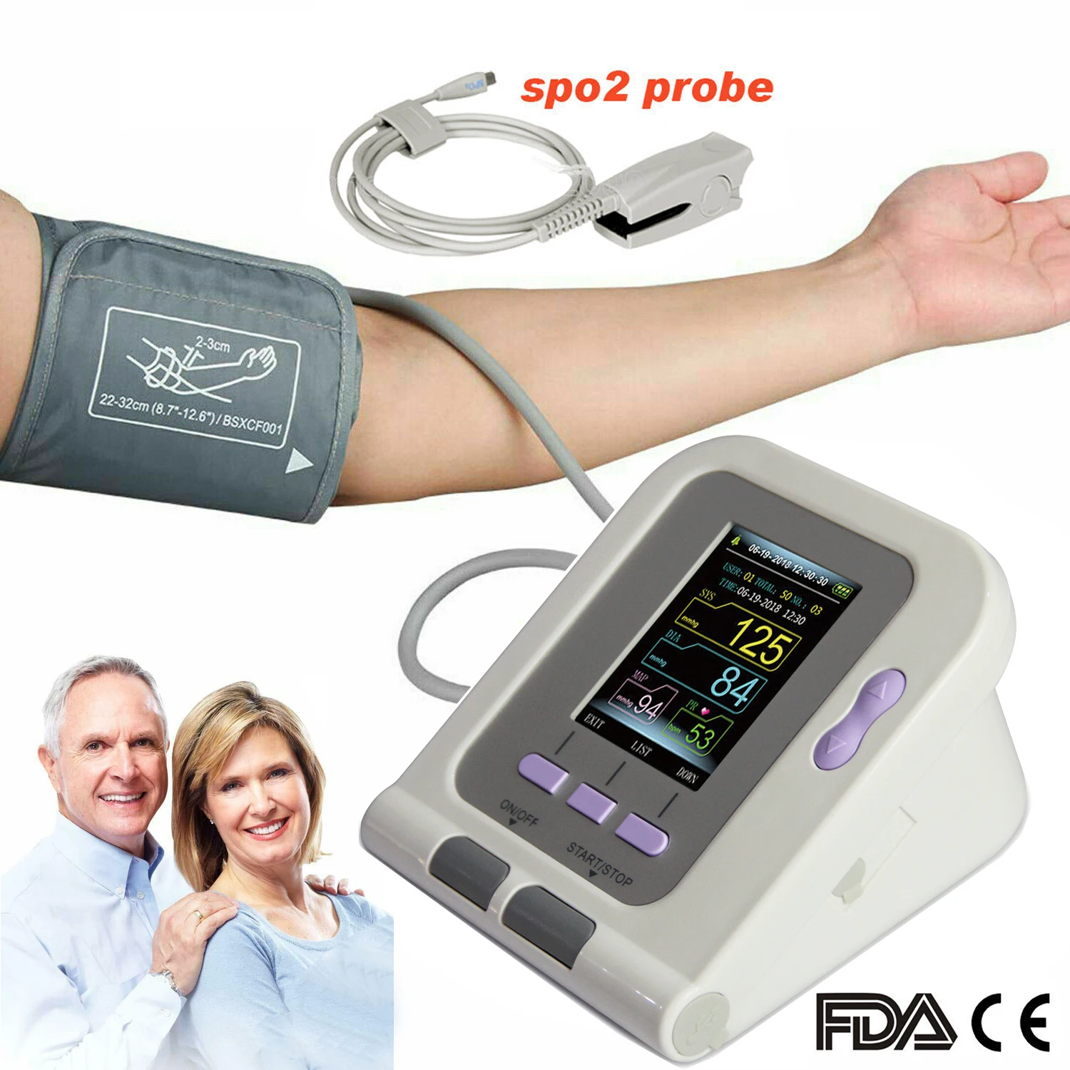 CONTEC08A Blood Pressure Monitor Digital Electronic Sphygmomanoter HR PR Meter 25-35cm Upper Arm NIBP Cuff+Adult SPO2 Probe