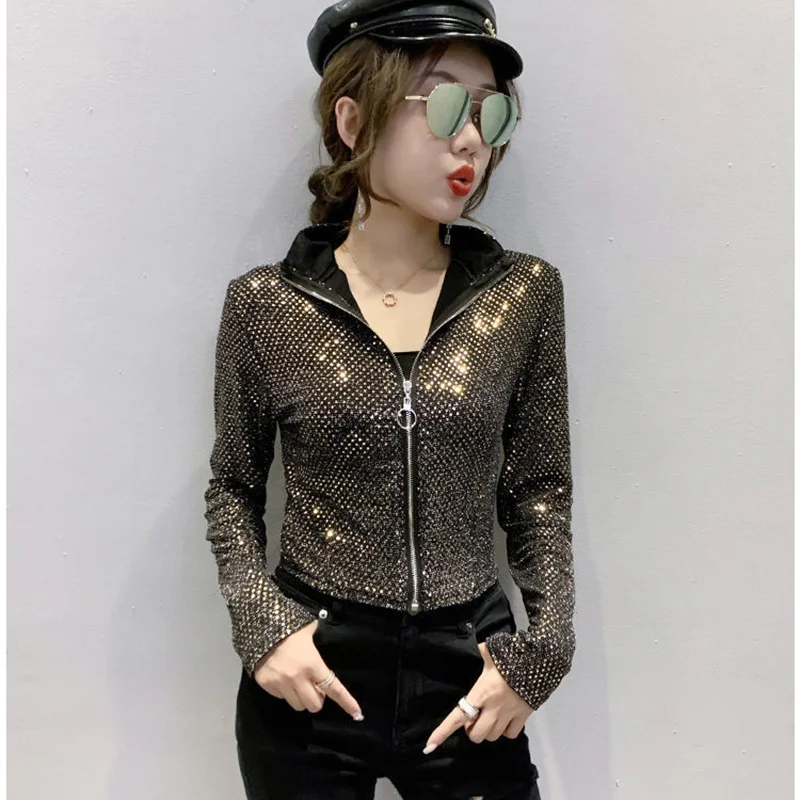 

2021 Women Fashion Sequined Jacket Short Slim Zipper Thin Sexy All-Match Design Sense Bottoming Shirt Large Size Female Coats