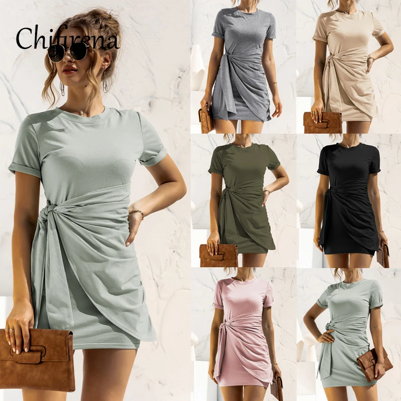 

Chifirena Short-Sleeve Sexy Bodycon Dress O Neck Ruched Dresses Belt Summer Mini Sundress Elegant Basic Vestido robe hiver femme
