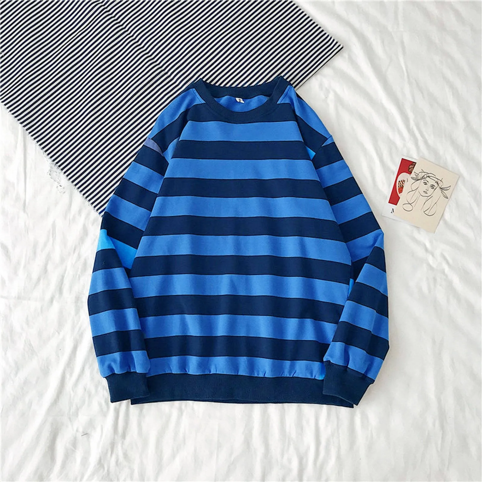 Hoodie Women Autumn Winter Round Neck Fashion Stripe Sweatshirt Pullover Tops Long Sleeve Blouse Loose Comfort Hoodies Sudaderas