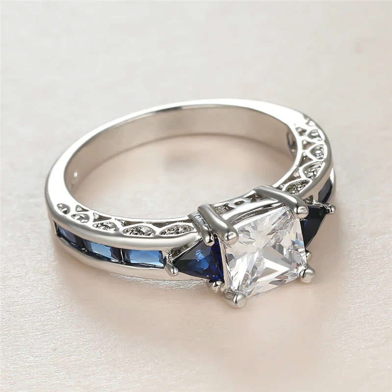

Classic Female White Square Crystal Ring Charm Silver Color Wedding Rings For Women Dainty Bride Blue Zircon Engagement Ring