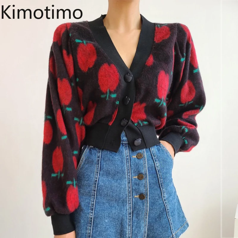 

Женский жаккардовый вязаный кардиган Kimotimo, короткий свитер с V-образным вырезом в корейском ретро-стиле, модные свитера в стиле Харадзюку с ...