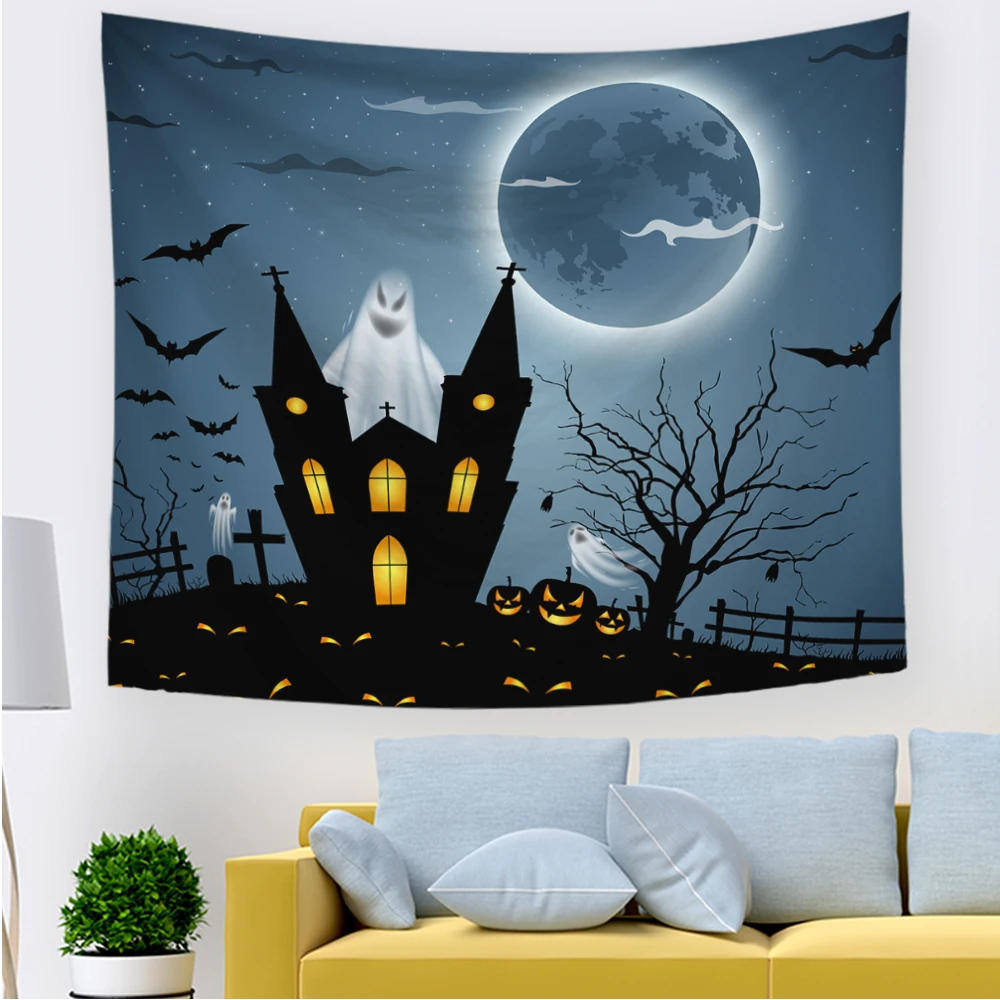 

Halloween Ghost Wall Hanging Tapestry Black Cat Pumpkin Lantern Witch Wall Cloth Blanket Home Decor For Living Room Bedroom