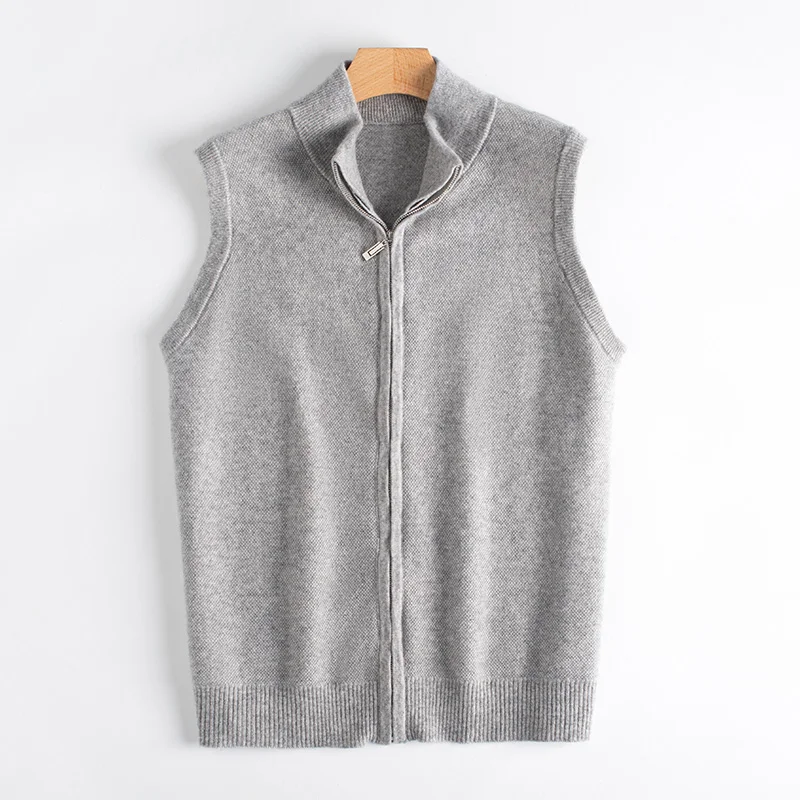 light grey Жилет на молнии мужской из чистого кашемира, вязаный джемпер новые модные стандартные свитера высшего класса кардиганы мужские куртки - Цвет: light grey