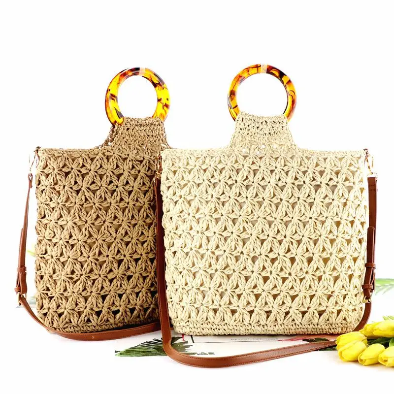 

Bohemia Hollow Straw Paper Rope Women Shoulder Bags Round Amber Handle Handbag Woman Big Capacity Woven Crossbody Bags for Women