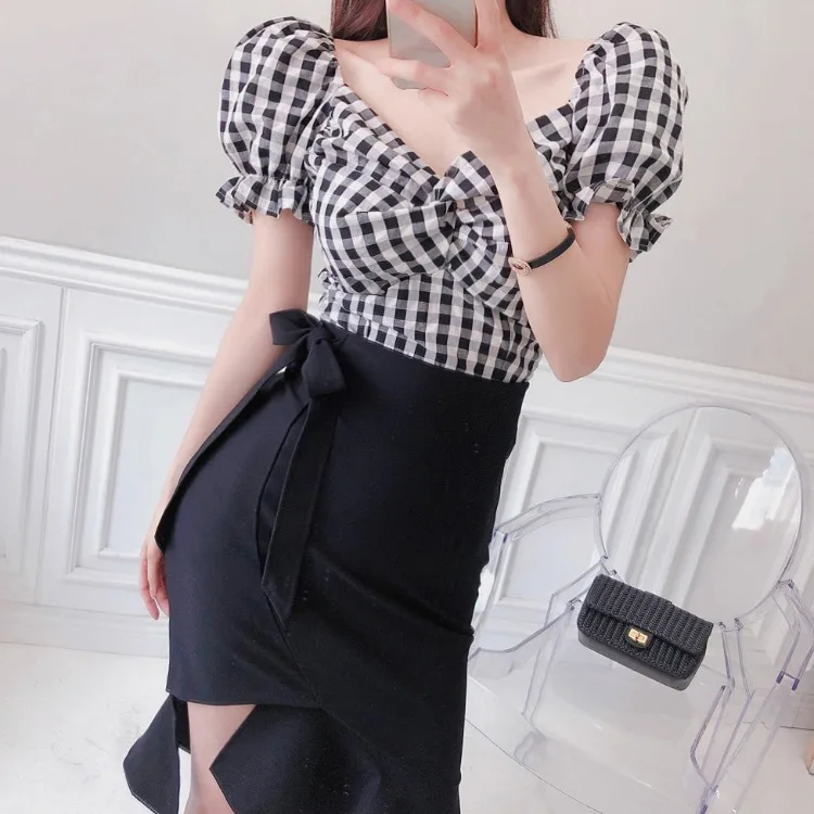 Женское платье с бантом модное в клетку и асимметричная юбка до середины бедра