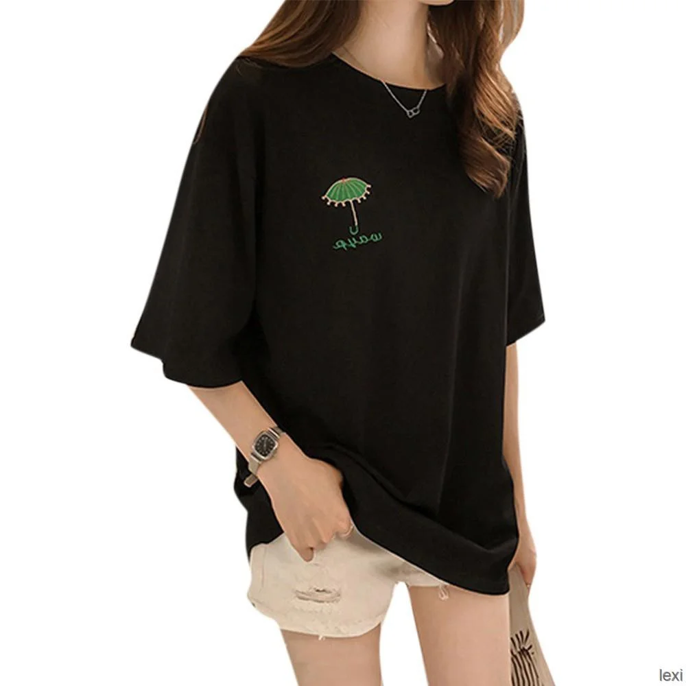 

Loose Oversized Long Mid-length T Shirts Embroidery Women Summer Casual Pure Color