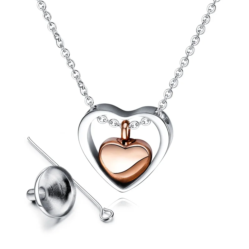 necklace with funnel Азиз BEKKAOUI розовое золото Двойное сердце из нержавеющей стали кремационные украшения держать любимых пепла памятная урна для пепла кремации ожерелье - Окраска металла: necklace with funnel