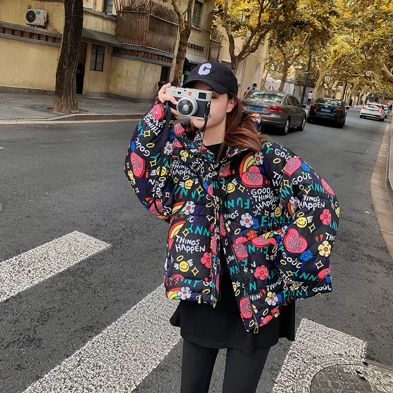 WYBLZ 2021 Winter Down Short Parka  Women Print Padded Coat Female Fashion Korean Zipper Outerwear Hooded Jackets New Oversized