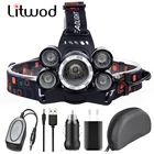 Налсветильник фонарь с Cree 5 Светодиодами XM-L T6, 4000 лм, налобный фонарь, налобный фонарь, фонарик, фонарик с аккумулятором 18650, лампочки с зарядным устройством переменногопостоянного тока, Litwod